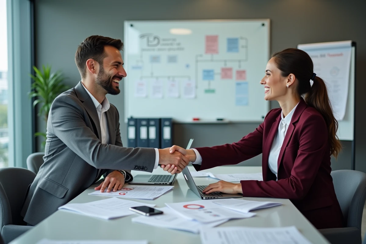 Deux professionnels concluant un accord commercial B2B lors d'une réunion en salle de conférence