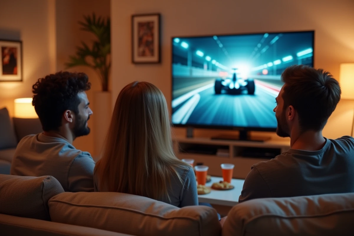 Groupe d'amis regardant une course de Formule 1 en streaming sur grand écran dans un salon convivial