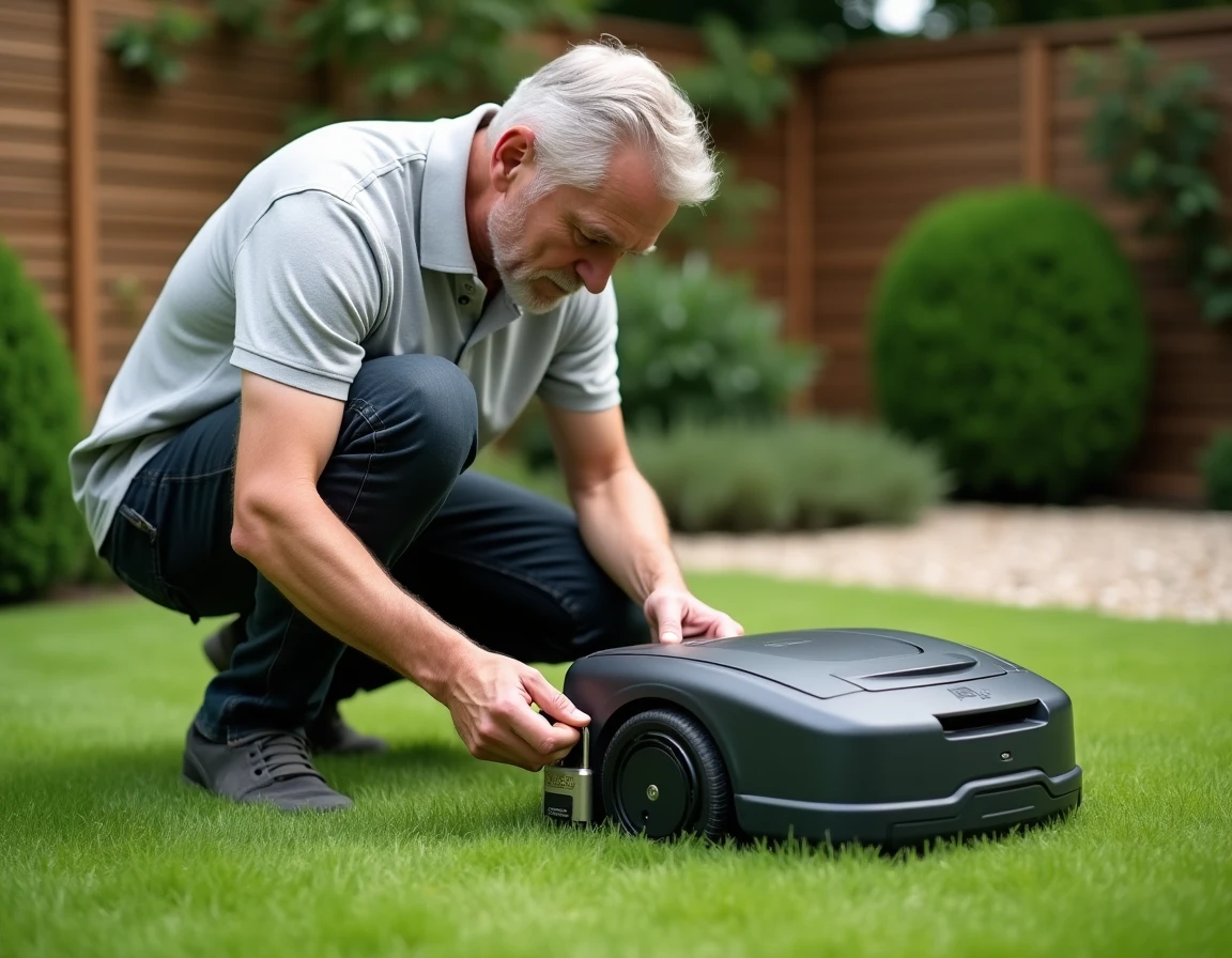 Homme installant un antivol sur un robot tondeuse dans un jardin pavillonnaire