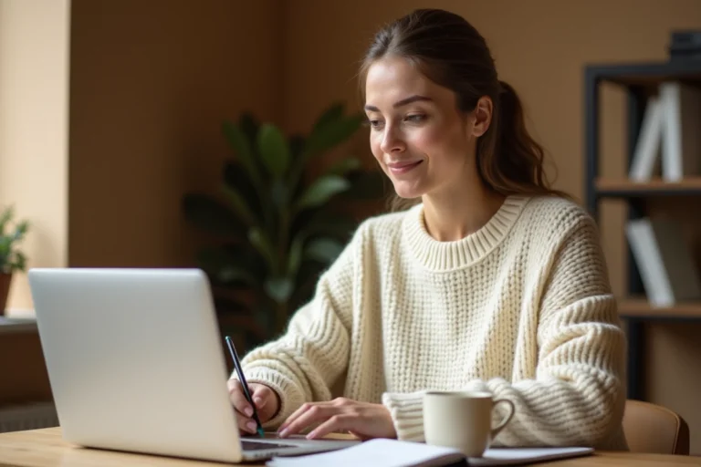Jeune femme prenant des notes manuscrites devant un ordinateur portable dans un bureau à domicile chaleureux pour apprendre en ligne