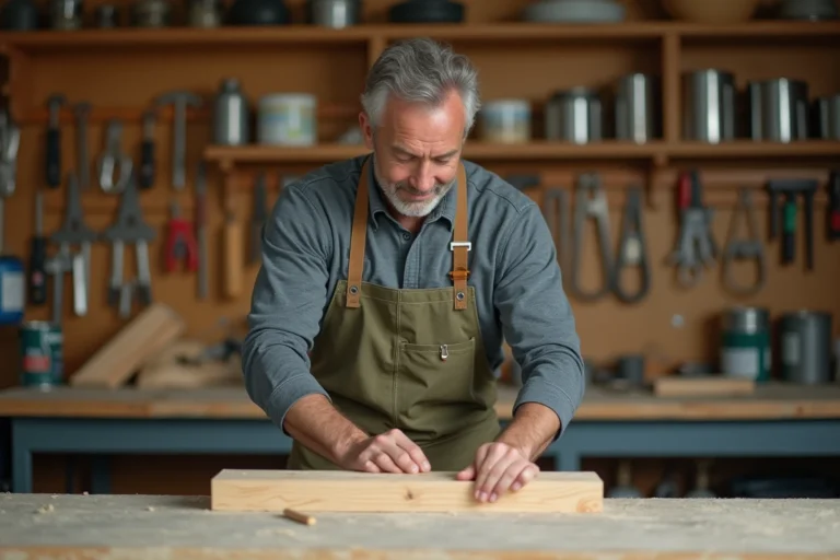 Homme mesurant une planche en bois dans un atelier de bricolage maison avec des outils au mur