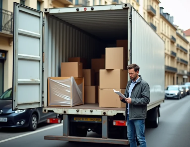Camion de déménagement 20 mètres cube garé dans une rue résidentielle avec portes ouvertes et chargement visible