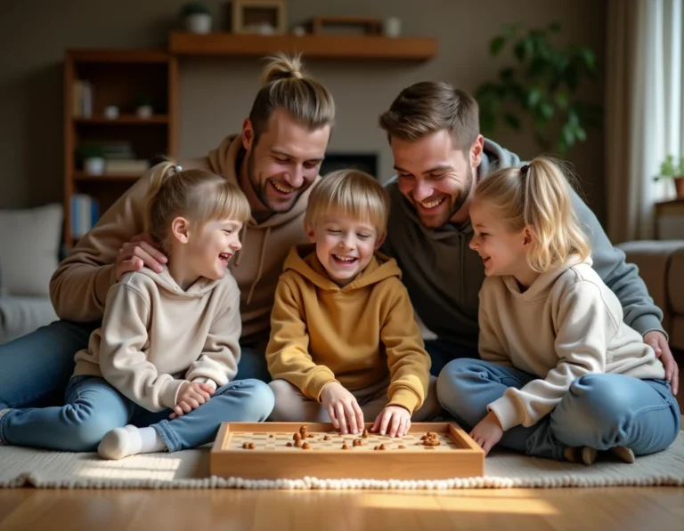 Une famille heureuse réunie dans un salon chaleureux, jouant ensemble et partageant un moment de complicité pour briser la routine quotidienne