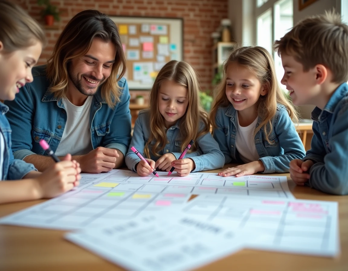 Une famille construisant ensemble leur emploi du temps hebdomadaire autour d'une grande table avec un calendrier dessiné à la main et des post-it colorés