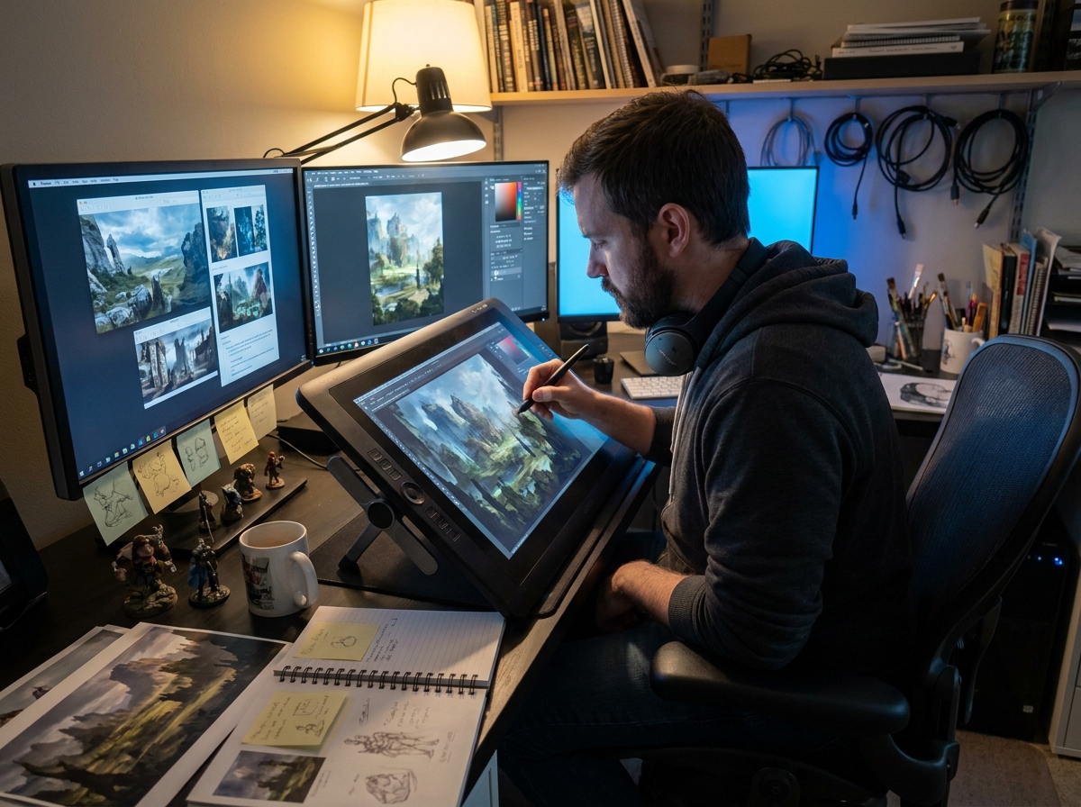 Concept artist masculin travaillant sur une tablette graphique devant deux écrans affichant un environnement fantastique numérique