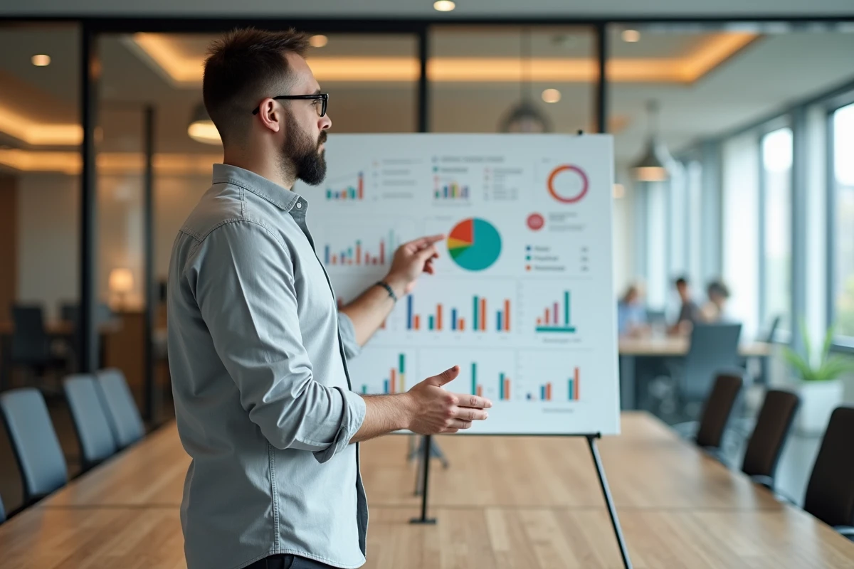 Consultant financier barbu présentant des graphiques budgétaires au tableau blanc dans une salle de réunion moderne en open space