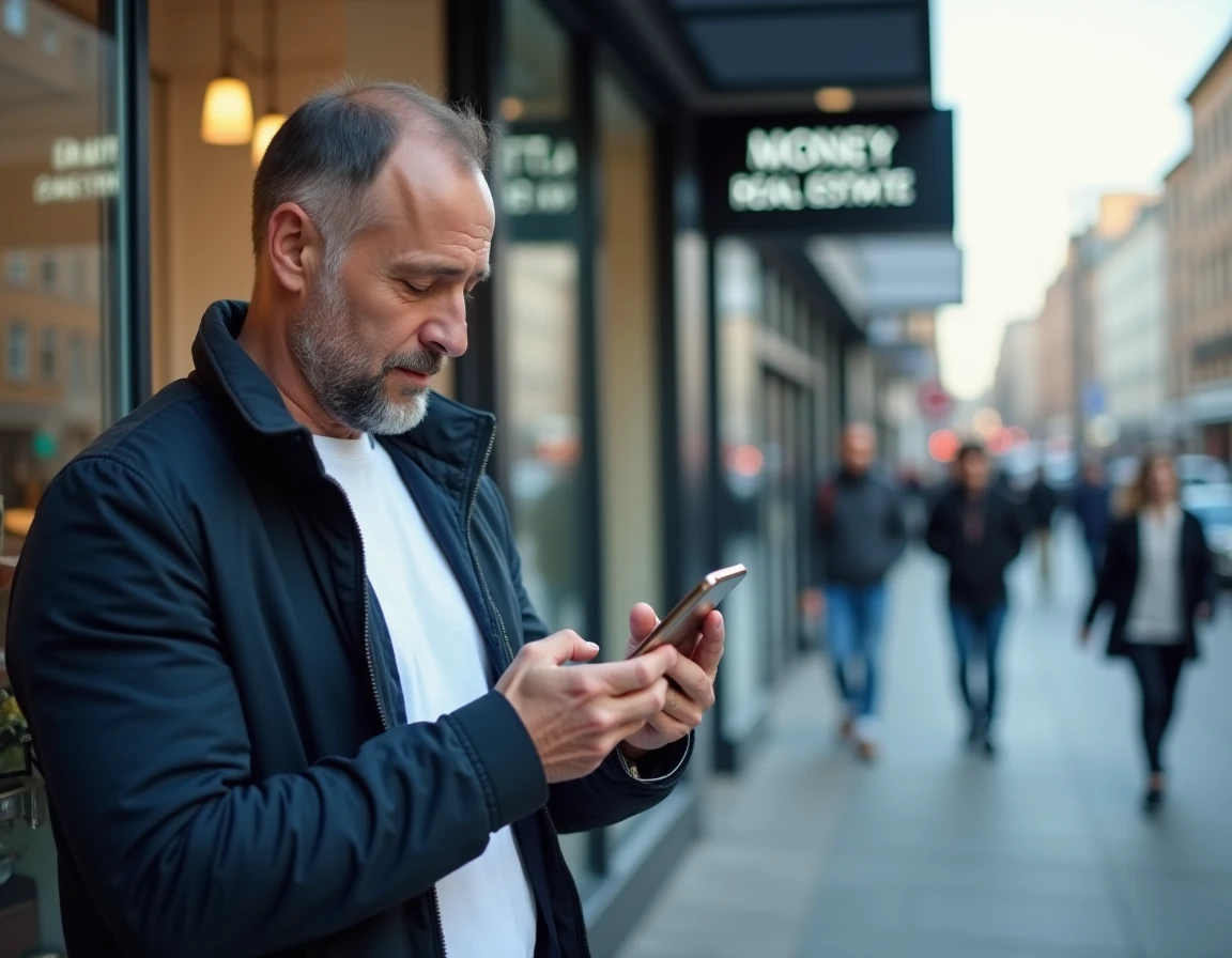 Homme consultant des annonces immobilières sur smartphone devant une agence en ville