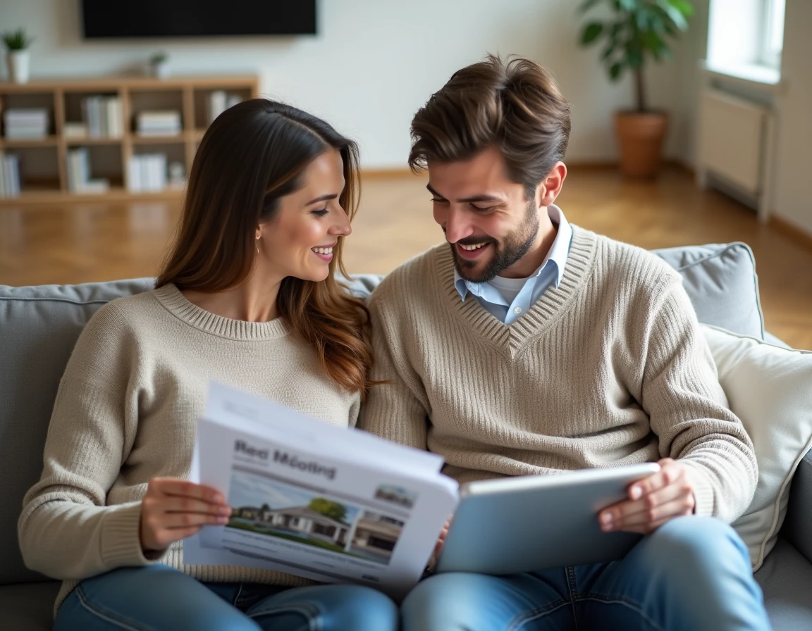 Couple étudiant des offres immobilières ensemble sur tablette et documents imprimés dans un salon moderne