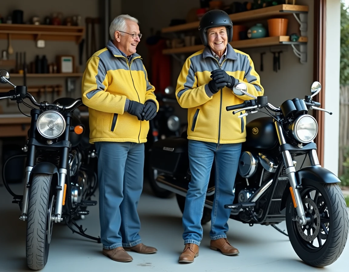 Couple de seniors septuagénaires préparant leur équipement moto dans un garage avec deux motos de tourisme basses