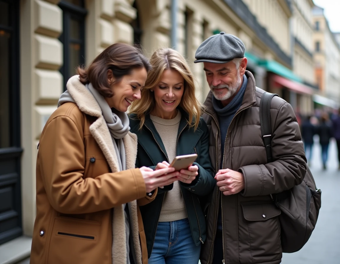 Groupe de personnes consultant un smartphone dans une rue parisienne, évoquant la curiosité du public et la diffusion de rumeurs sur la santé de célébrités