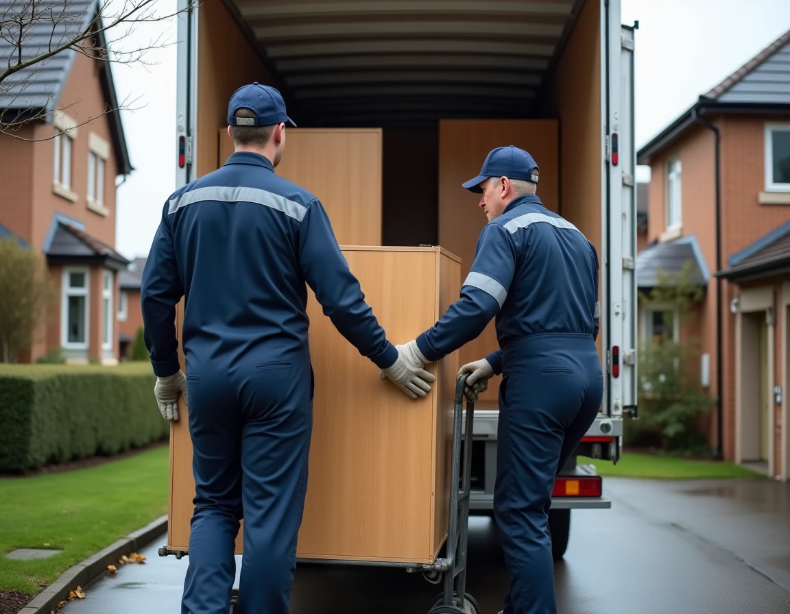 Deux déménageurs professionnels chargeant une armoire dans un camion 20 mètres cube devant une maison en brique