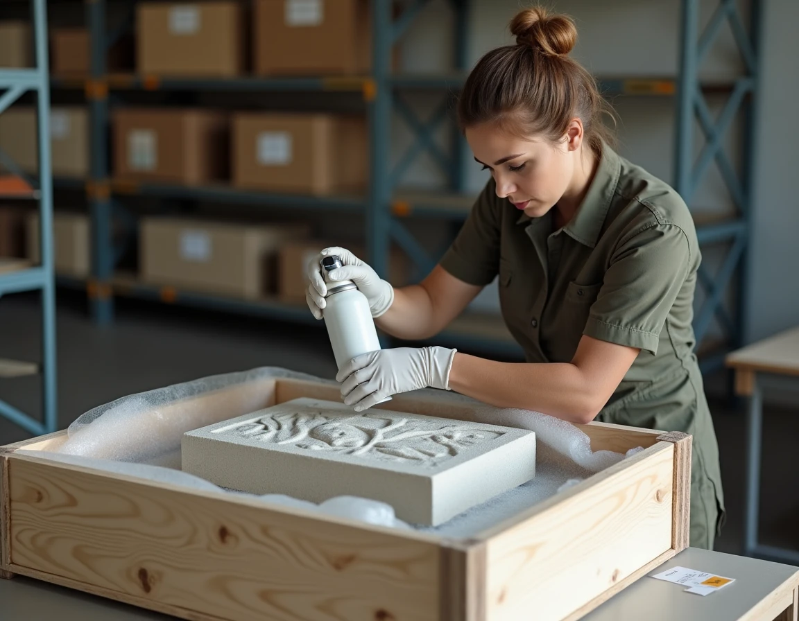Professionnelle emballant un relief en pierre dans une caisse en bois avec du film à bulles dans un entrepôt d'art