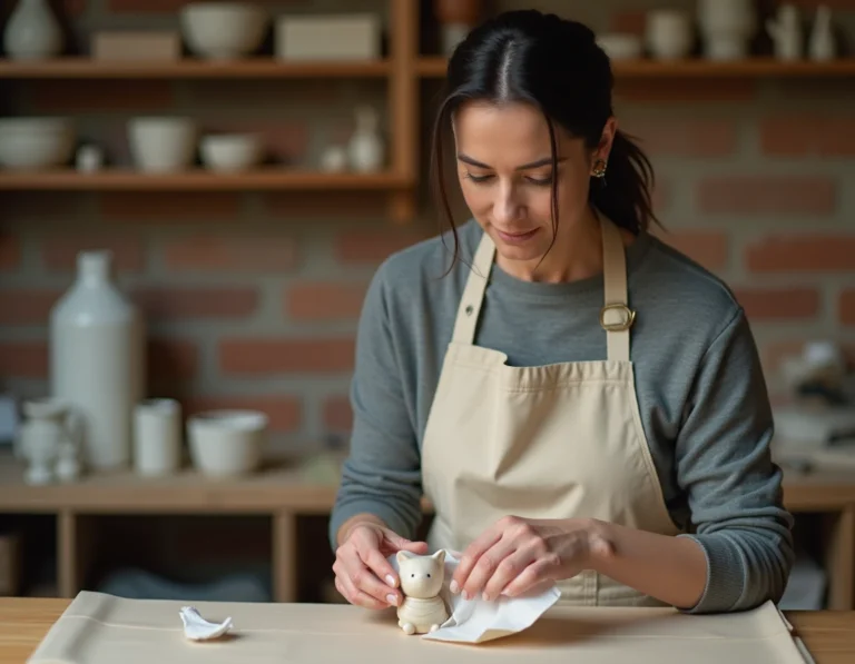Artiste emballant une sculpture en céramique fragile avec du papier de soie dans un atelier de poterie