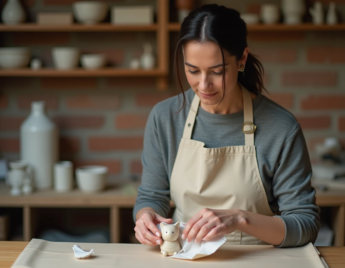 Artiste emballant une sculpture en céramique fragile avec du papier de soie dans un atelier de poterie