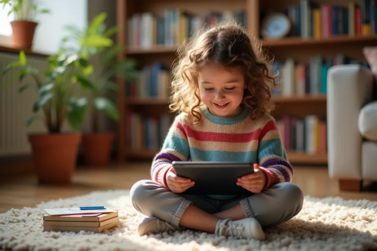 Petite fille souriante utilisant une tablette pour apprendre et se divertir à la maison