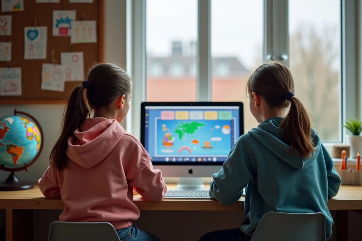 Deux enfants regardant du contenu éducatif sur un ordinateur dans une salle d'étude à la maison