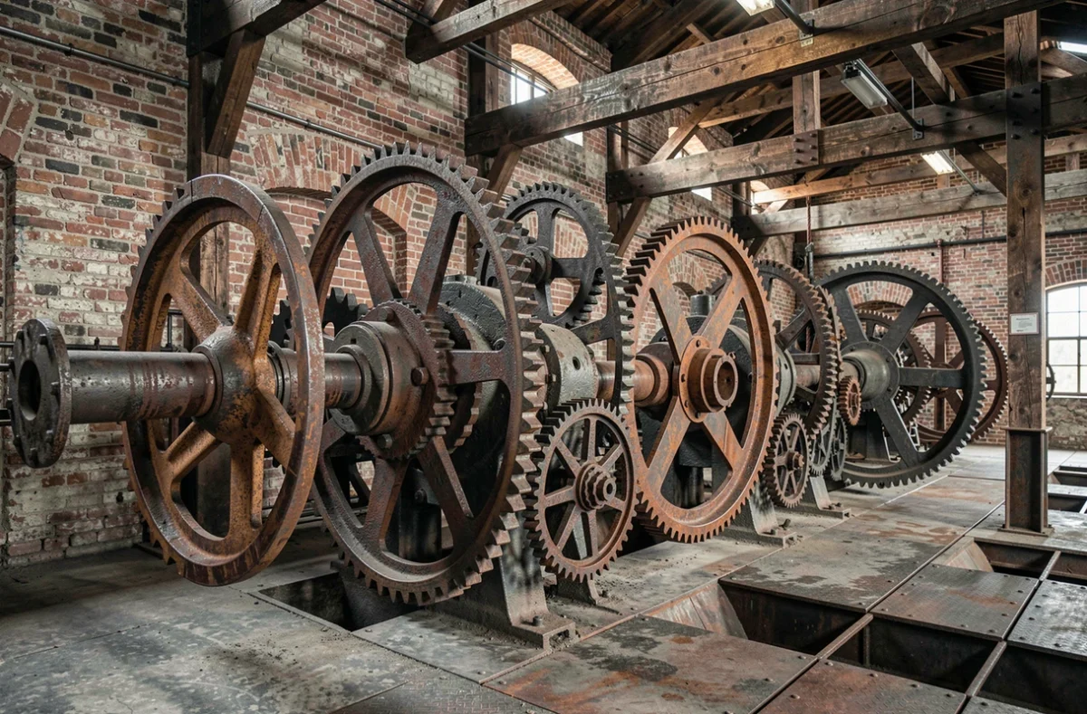 Vue grand angle d'engrenages et de roues en acier d'une ancienne usine industrielle, illustrant le principe de transmission de force par les roues et mécanismes