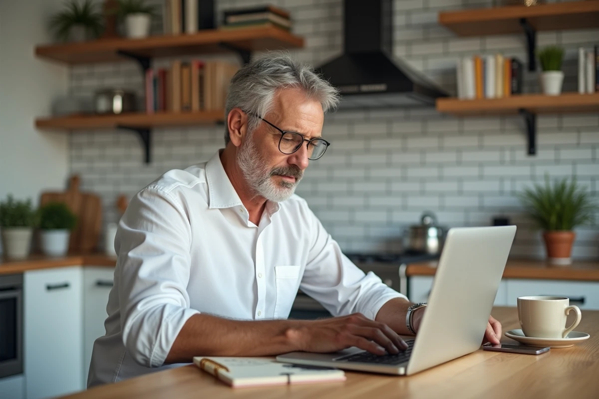 Entrepreneur travaillant depuis chez lui sur une solution B2B en ligne avec un ordinateur portable et un smartphone