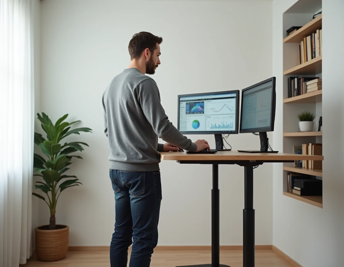 Entrepreneur masculin consultant des tendances e-commerce sur double écran dans un bureau minimaliste à domicile