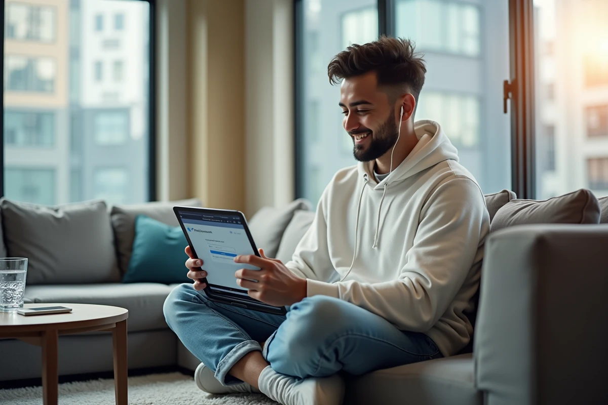 Étudiant créant gratuitement une adresse email Hotmail sur une tablette dans son appartement