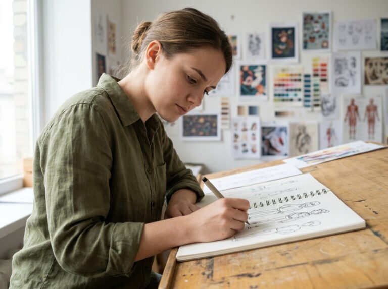 Étudiante en illustration travaillant sur un sketchbook dans un studio d'art avec des références épinglées au mur