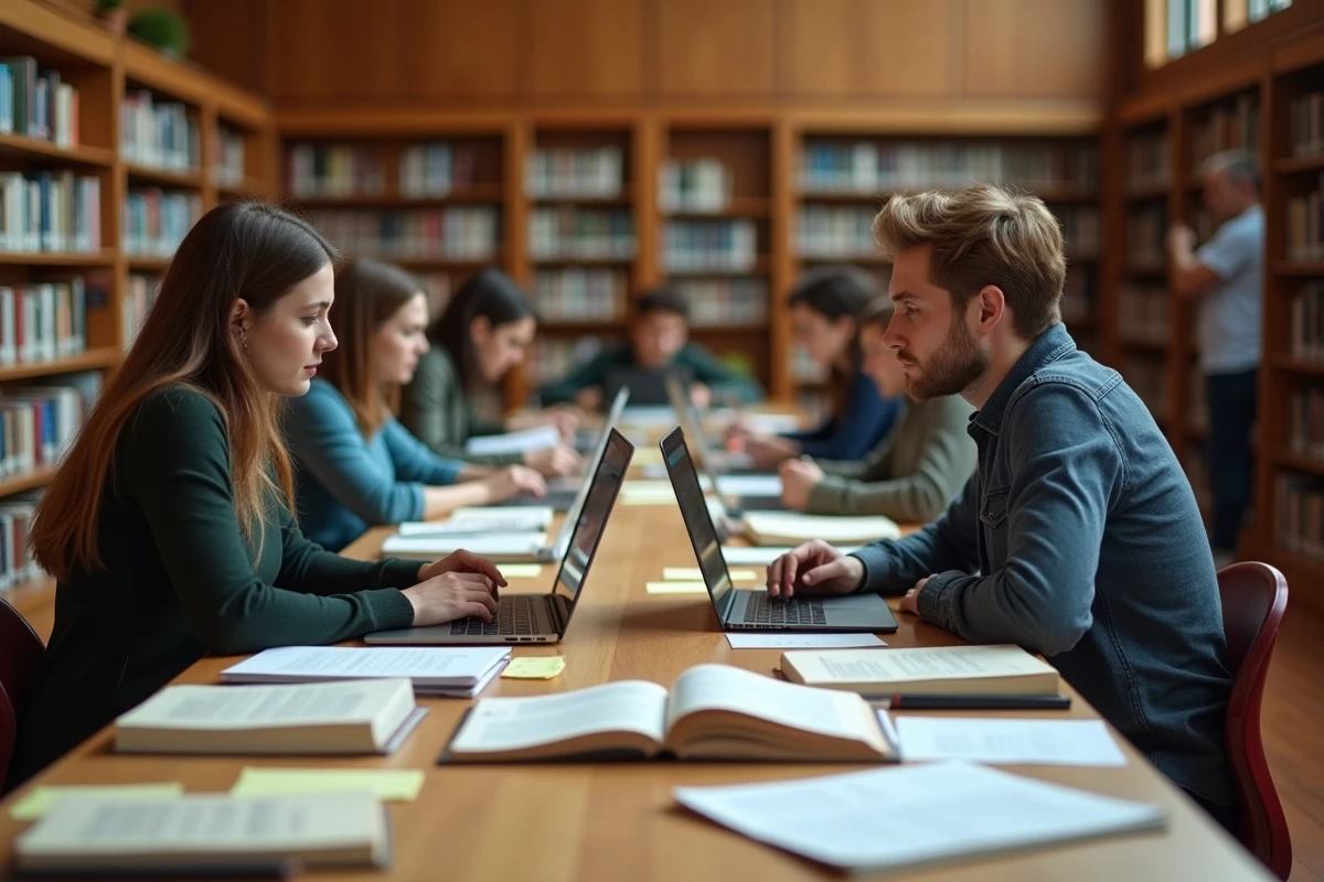 Deux étudiants collaborant sur une plateforme d'apprentissage en ligne dans une bibliothèque universitaire avec des manuels ouverts