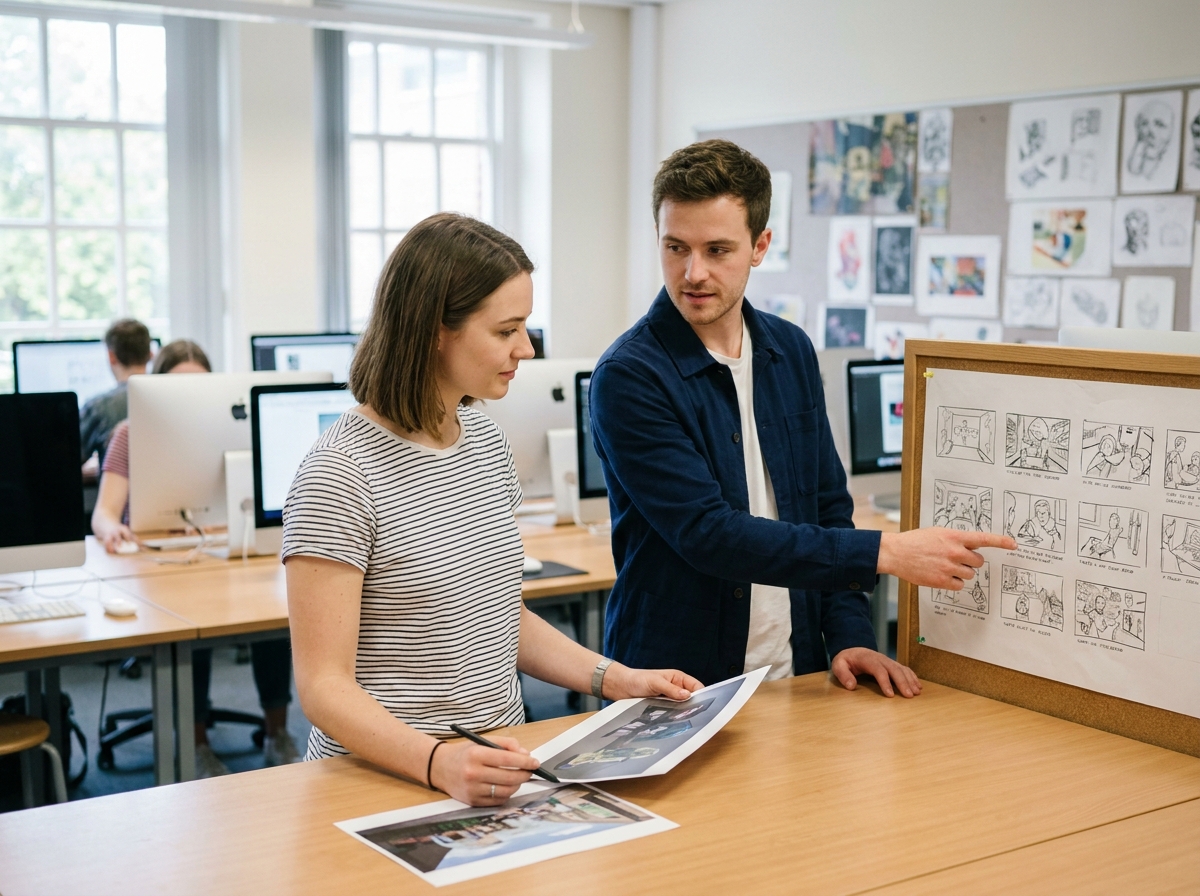 Deux étudiants en design comparant un storyboard d'illustration traditionnel et un concept art numérique dans une salle de classe universitaire