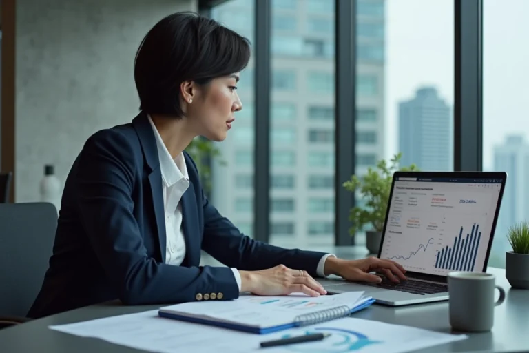 Femme cadre en blazer marine analysant des documents financiers sur ordinateur portable dans un bureau moderne avec vue sur la ville