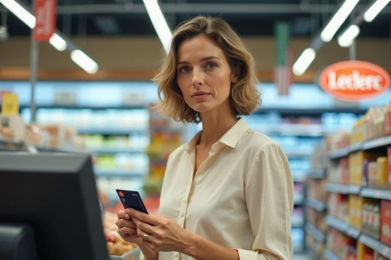 Femme tenant une carte Leclerc à la caisse d'un hypermarché pour un paiement en plusieurs fois