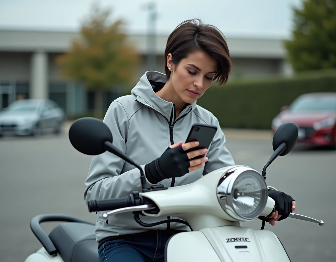 Femme configurant l'itinéraire sur l'application Waze avant de partir en scooter dans un parking