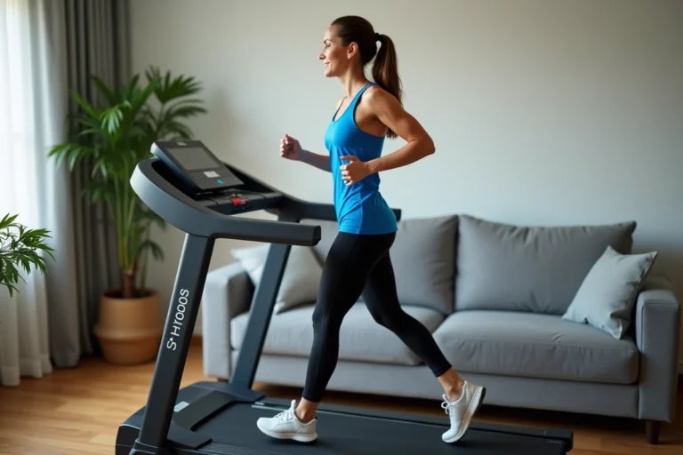 Femme sportive courant sur tapis dans salon moderne