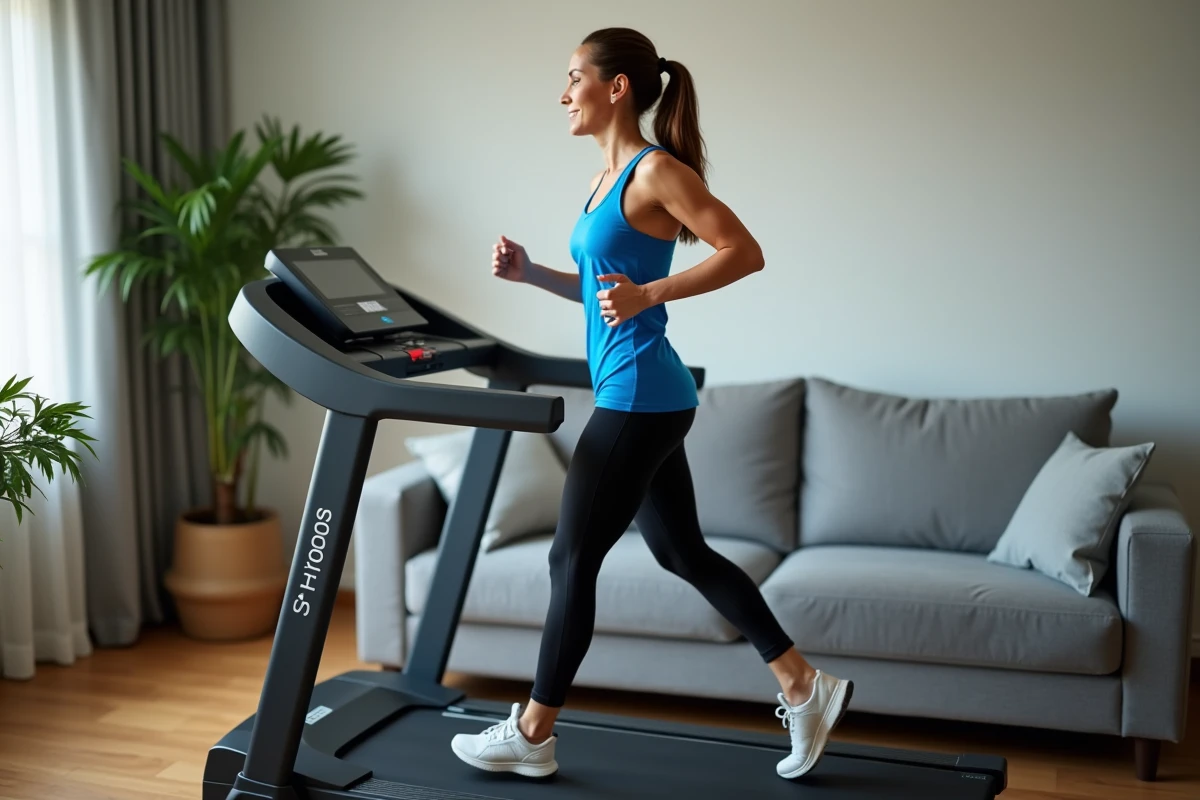 Femme sportive courant sur tapis dans salon moderne