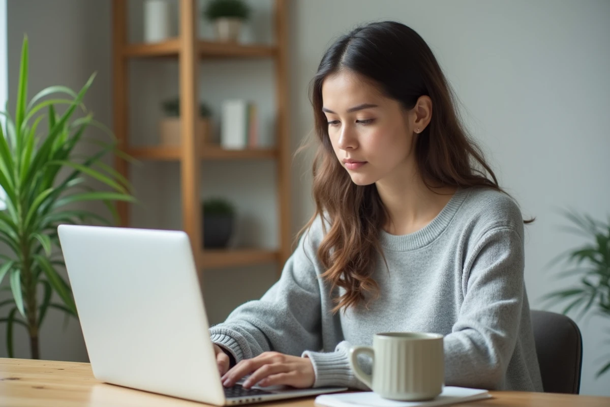Jeune femme créant une adresse Hotmail sur son ordinateur portable dans un bureau à domicile