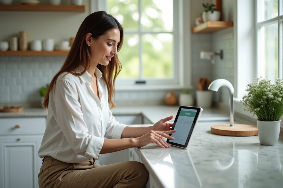 Femme expliquant des étapes devant une tablette en cuisine