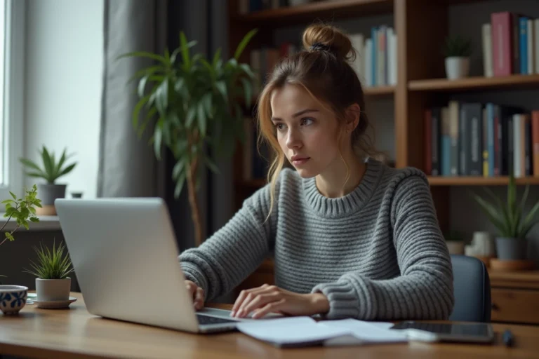 Femme analysant des informations suspectes sur son ordinateur portable pour repérer des arnaques en ligne liées aux leaks PinkGeek