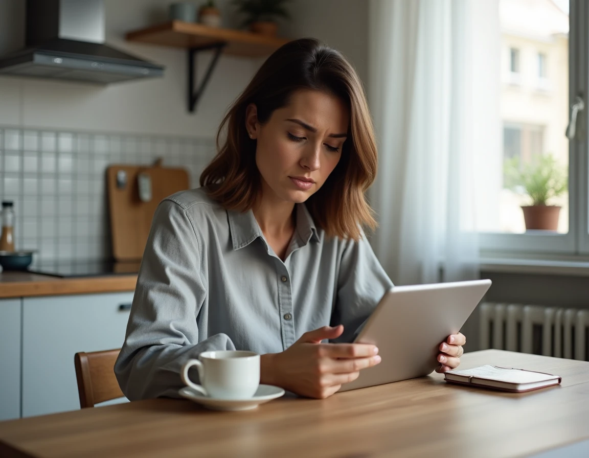 Femme pensive lisant des informations sur une tablette dans une cuisine française, représentant la curiosité des fans face aux rumeurs de maladie d'une personnalité publique