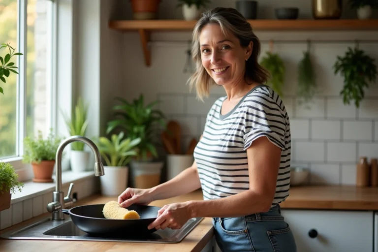 Femme souriante nettoie un socca pan dans une cuisine moderne