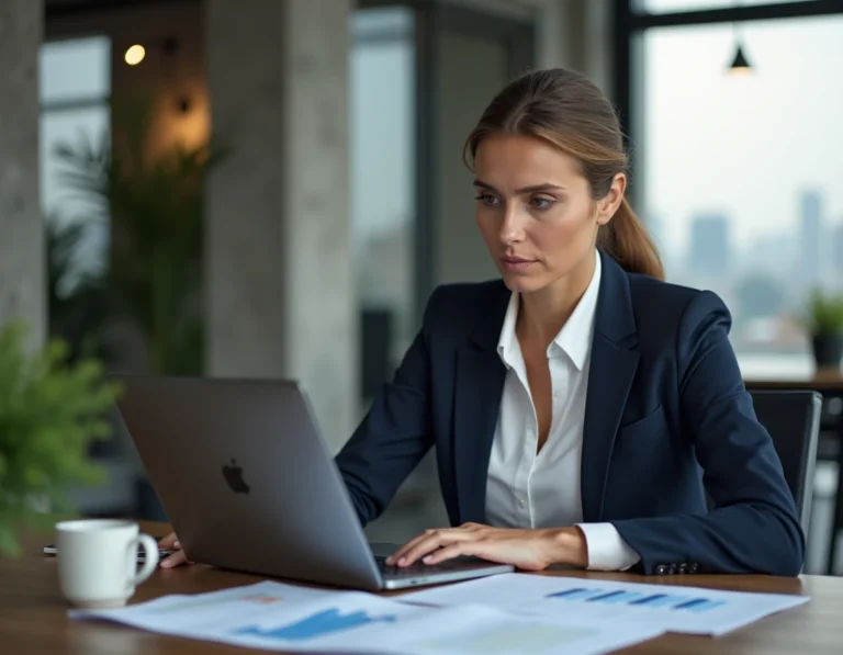 Femme professionnelle analysant des données de business en ligne dans un bureau moderne et lumineux