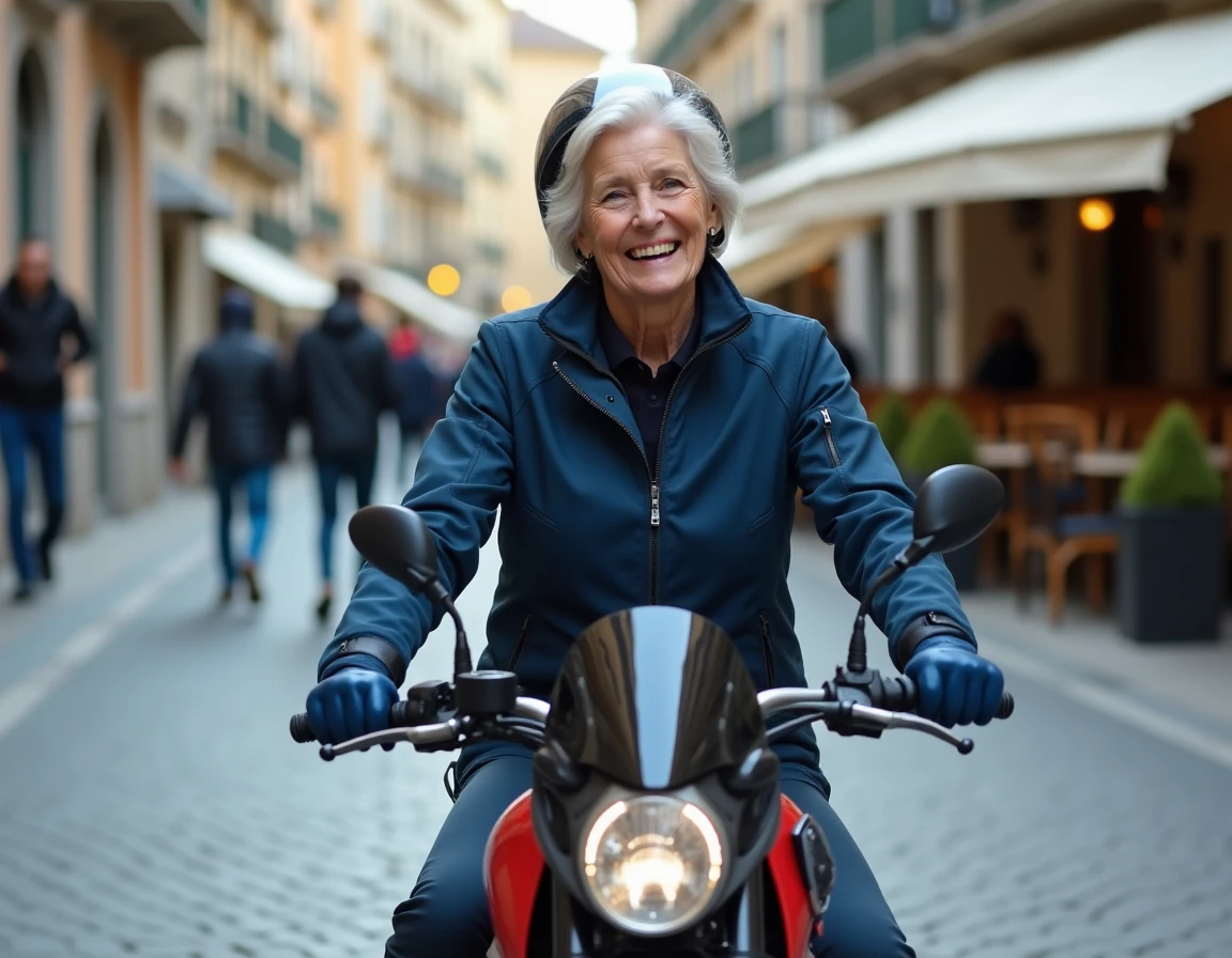 Femme senior de 70 ans en veste moto textile bleue assise sur un scooter aventure basse en centre-ville sur pavés