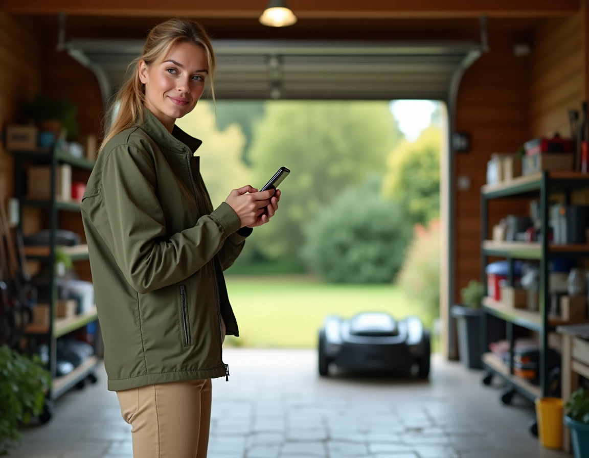 Femme vérifiant le traceur GPS de son robot tondeuse sécurisé dans un garage