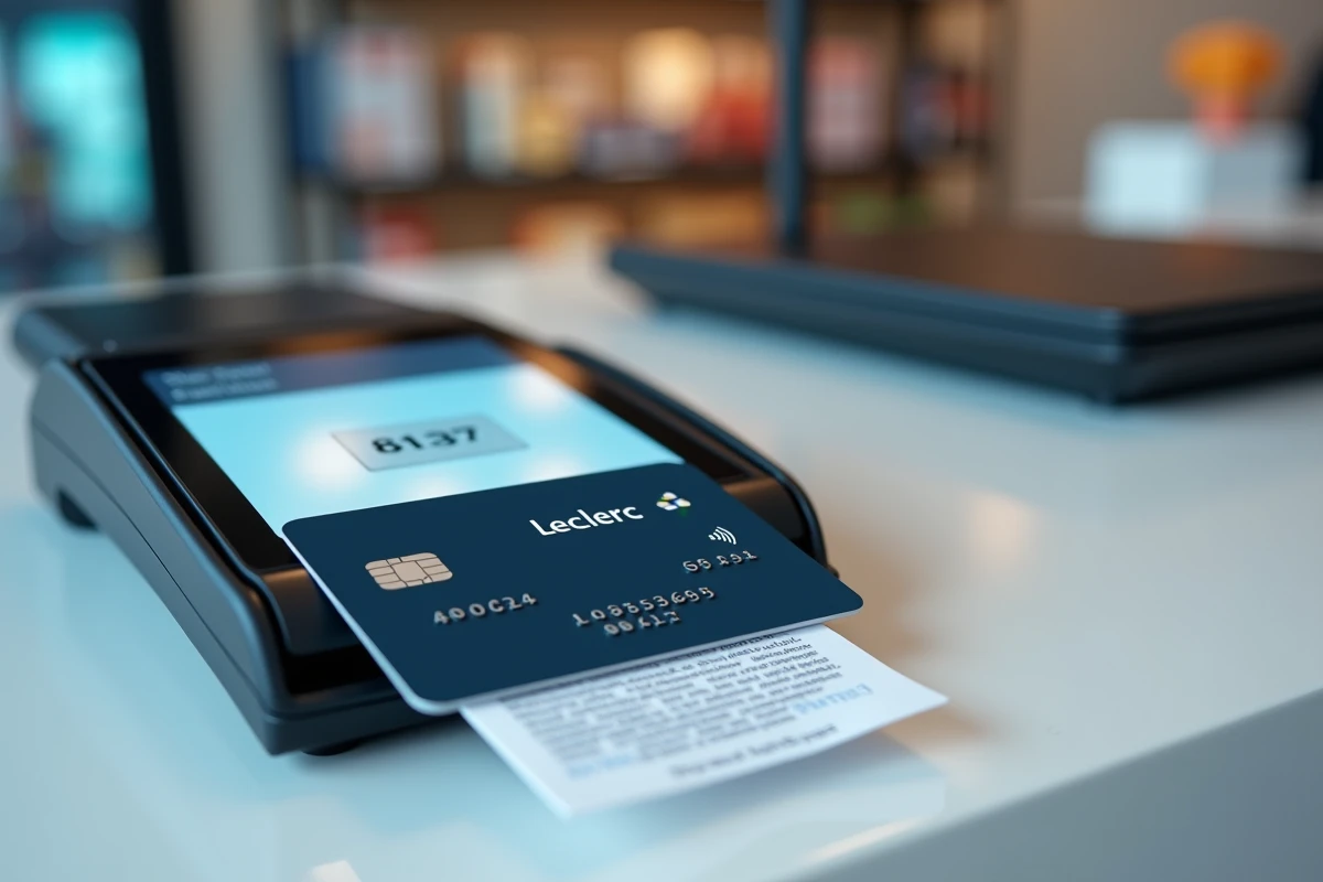 Gros plan sur une carte Leclerc posée sur un terminal de paiement pour un achat en plusieurs fois