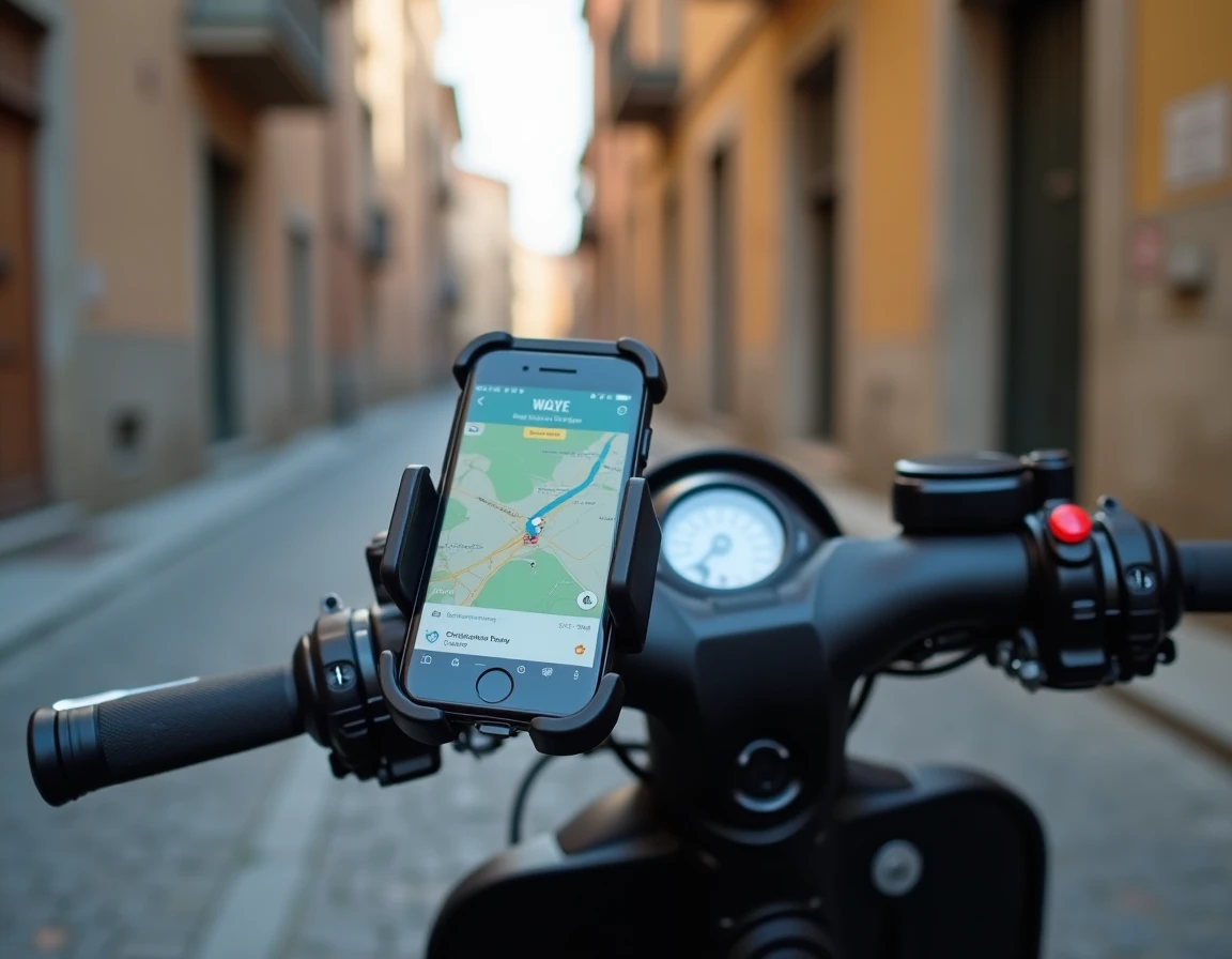 Gros plan d'un support téléphone avec l'application Waze ouverte fixé au guidon d'un scooter
