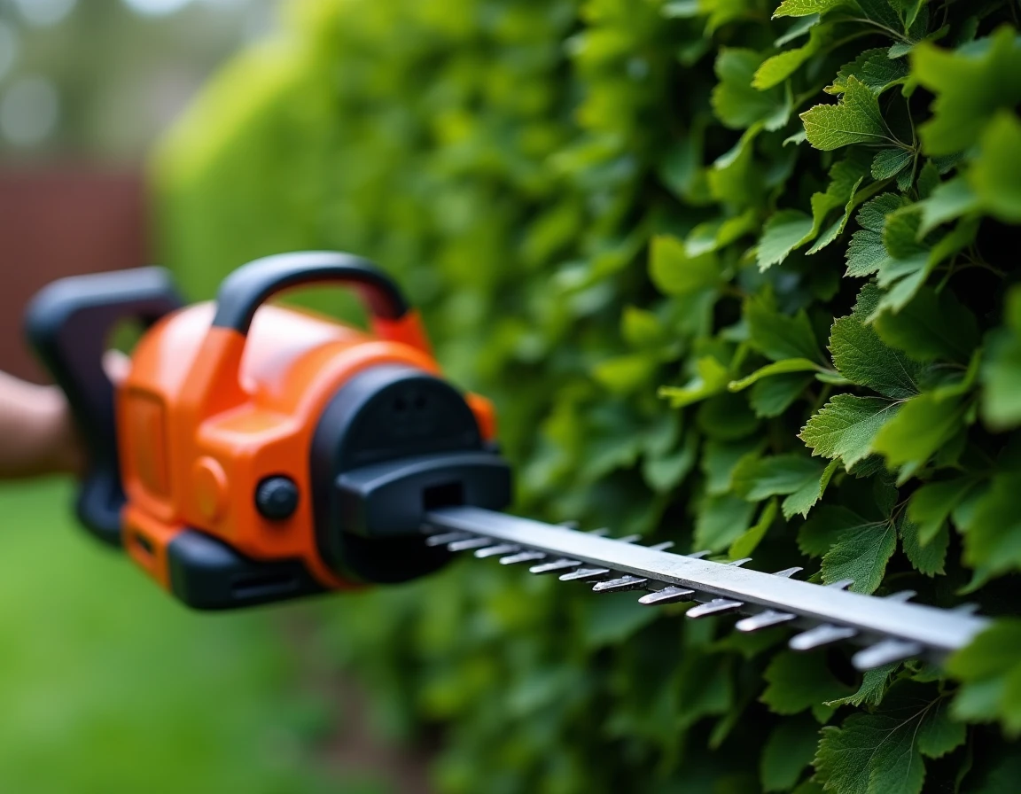 Gros plan d'un taille-haie télescopique appuyé contre une haie de lauriers fraîchement taillée dans un jardin résidentiel
