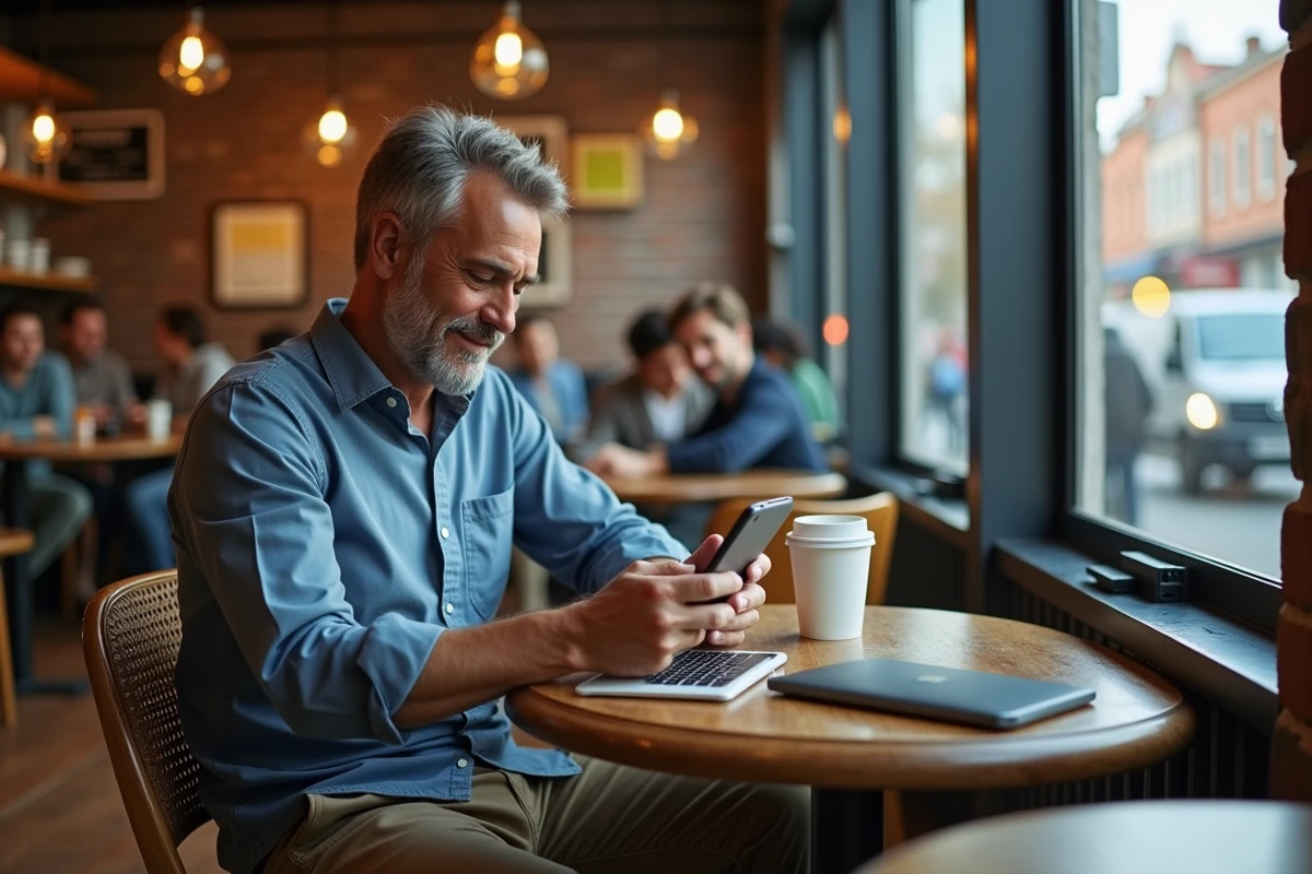 Homme dans un café urbain en train de consulter une application d