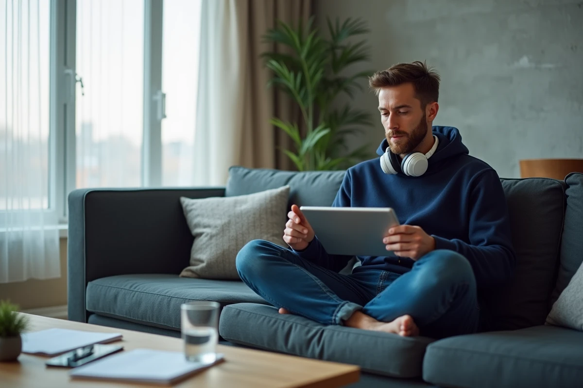Homme en sweat bleu marine suivant un cours en ligne sur une tablette avec des écouteurs dans un salon moderne
