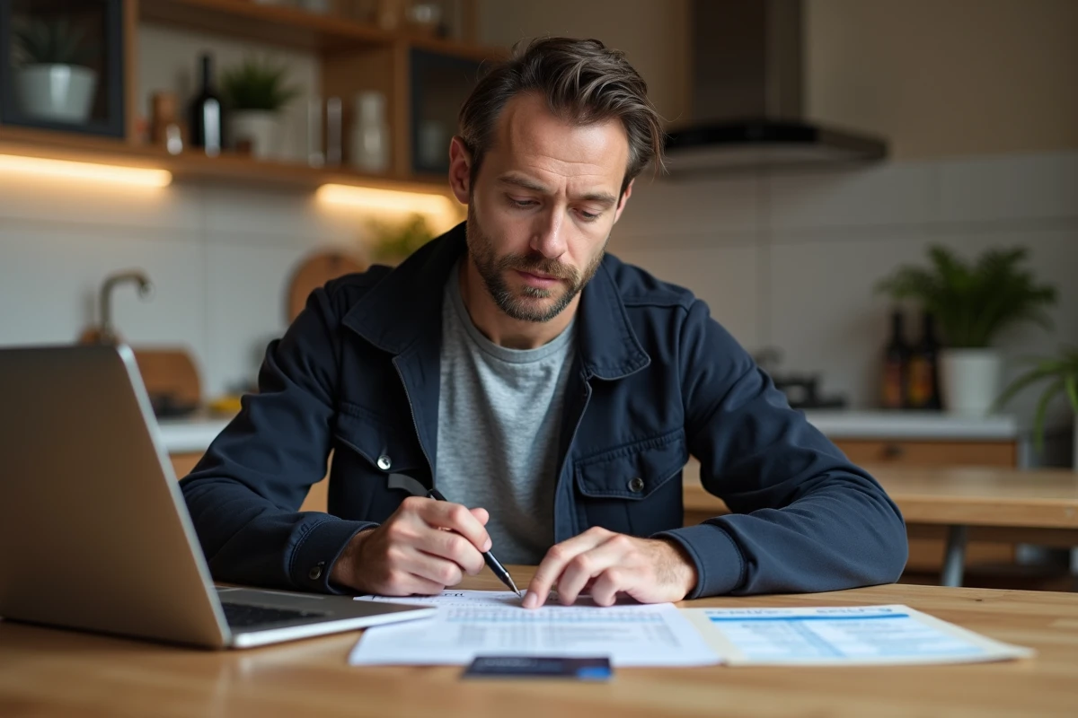 Homme consultant un échéancier de paiement en plusieurs fois avec sa carte Leclerc à la maison
