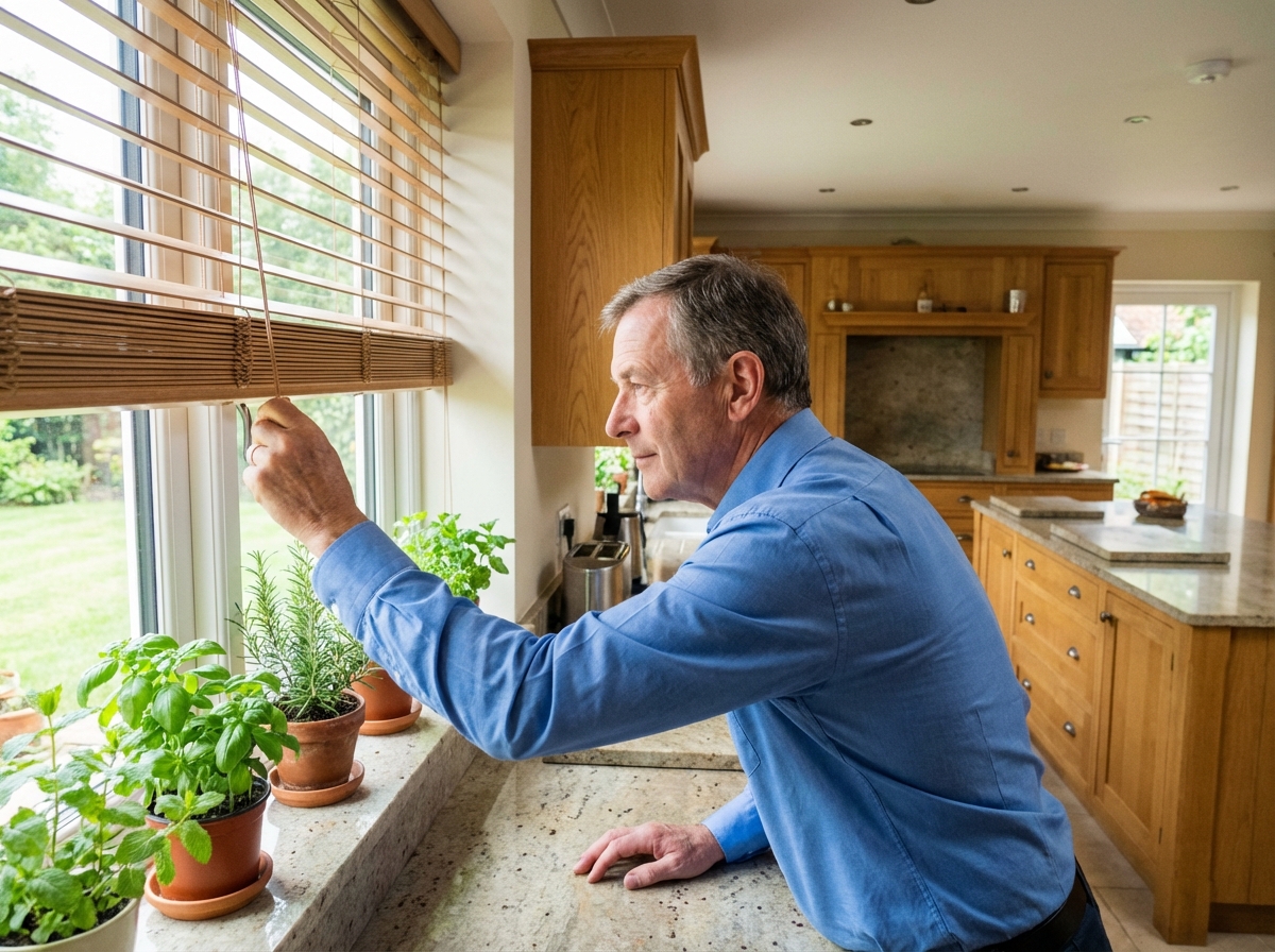 Homme âgé ajuste des volets en bois dans une cuisine lumineuse