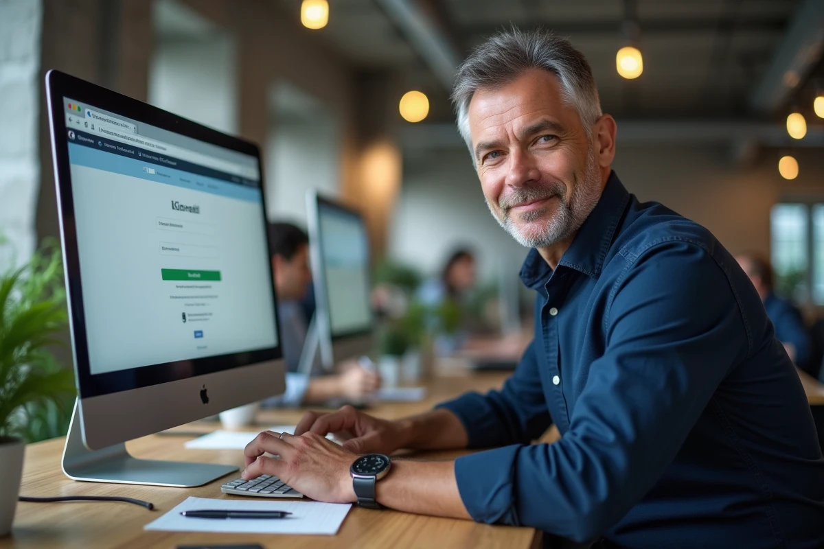 Homme d'âge moyen s'inscrivant pour créer un compte email Hotmail dans un espace de coworking