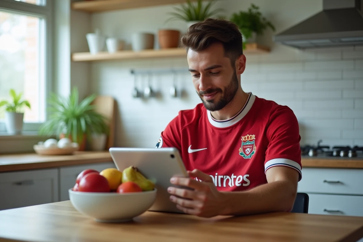 Homme en maillot de football consultant un site de streaming sportif sur une tablette dans une cuisine moderne