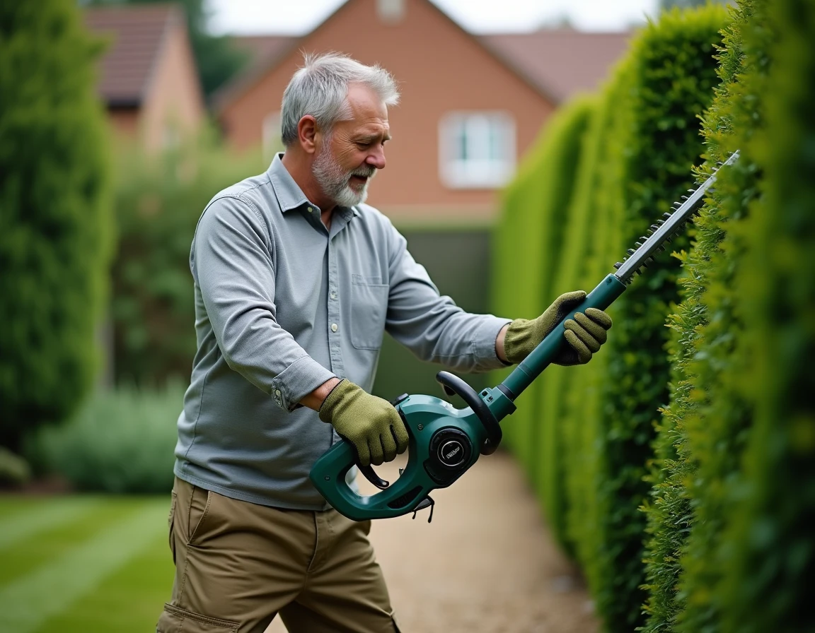 Homme d'âge mûr utilisant un taille-haie télescopique pour tailler une haie haute dans un jardin entretenu